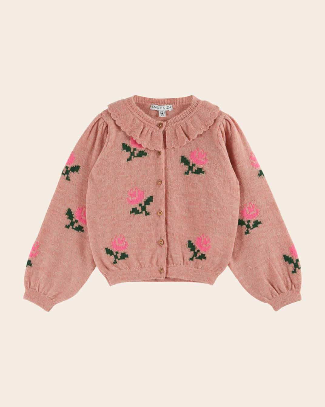 Cardigan col volanté fleurs rose
