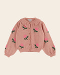 Cardigan col volanté fleurs rose