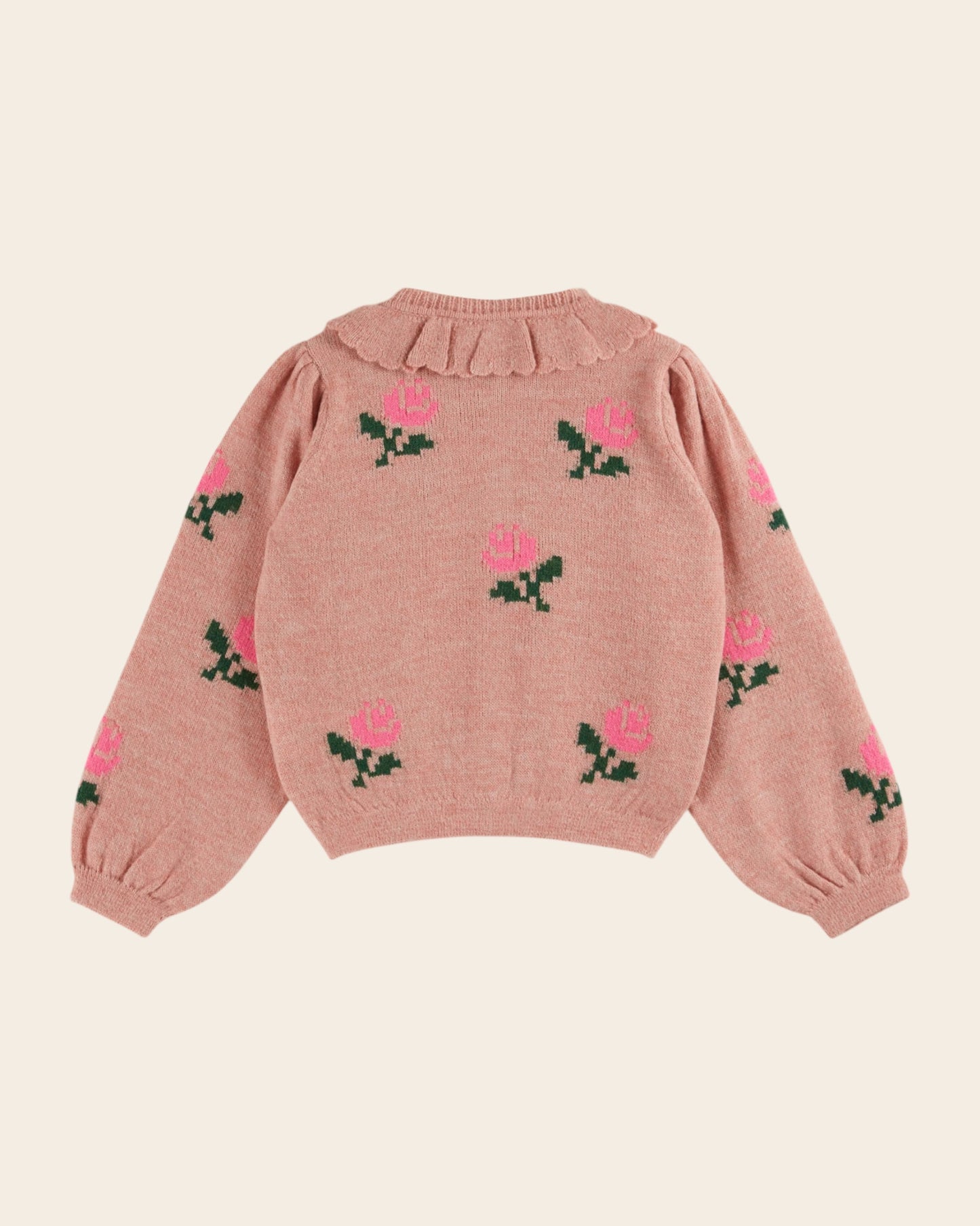 Cardigan col volanté fleurs rose