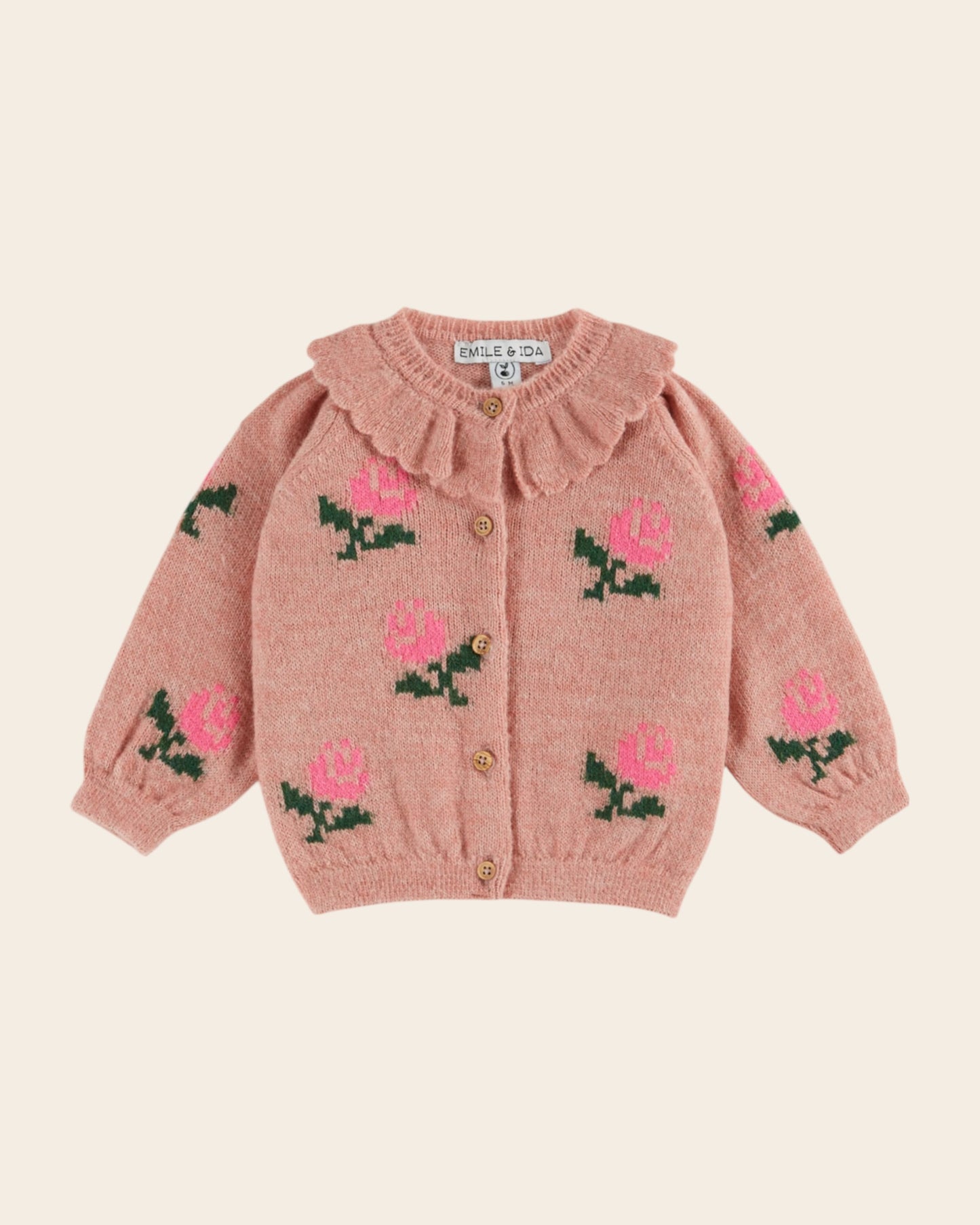 Cardigan col volanté fleurs rose
