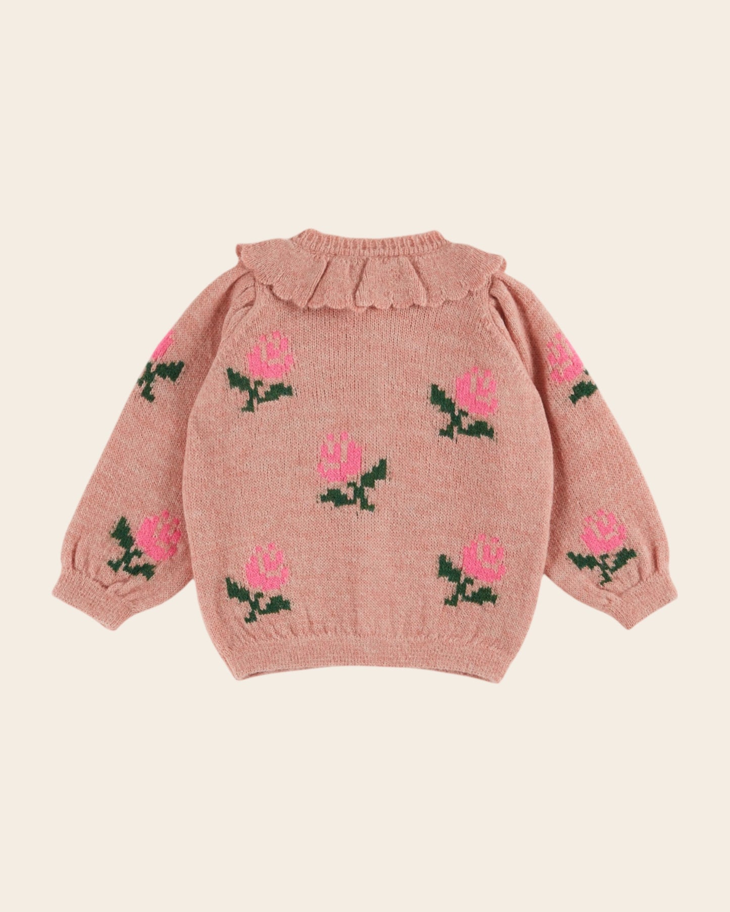 Cardigan col volanté fleurs rose