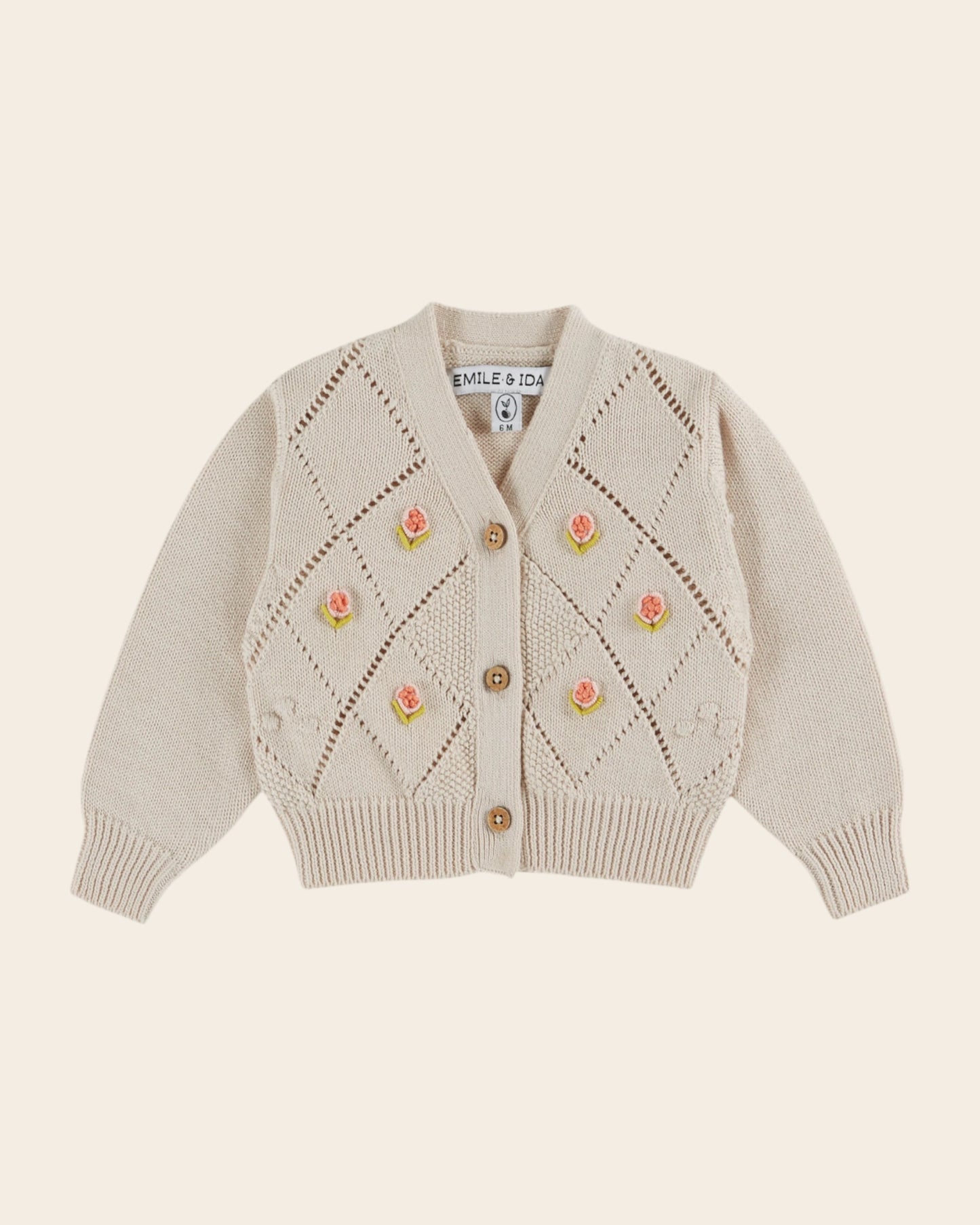 Cardigan brodé main coton bio écru