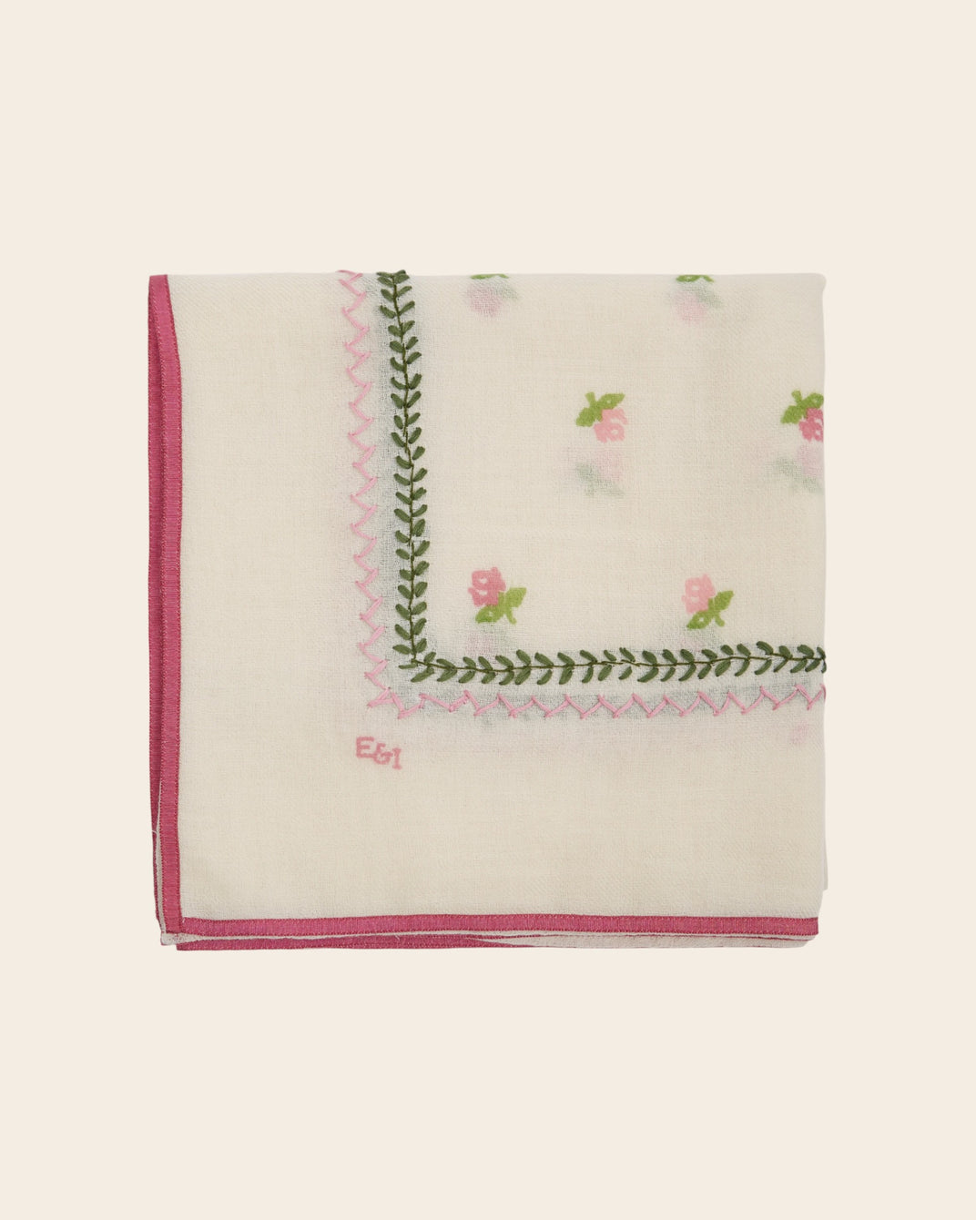 Foulard brodé roses écru 100 x 100 cm
