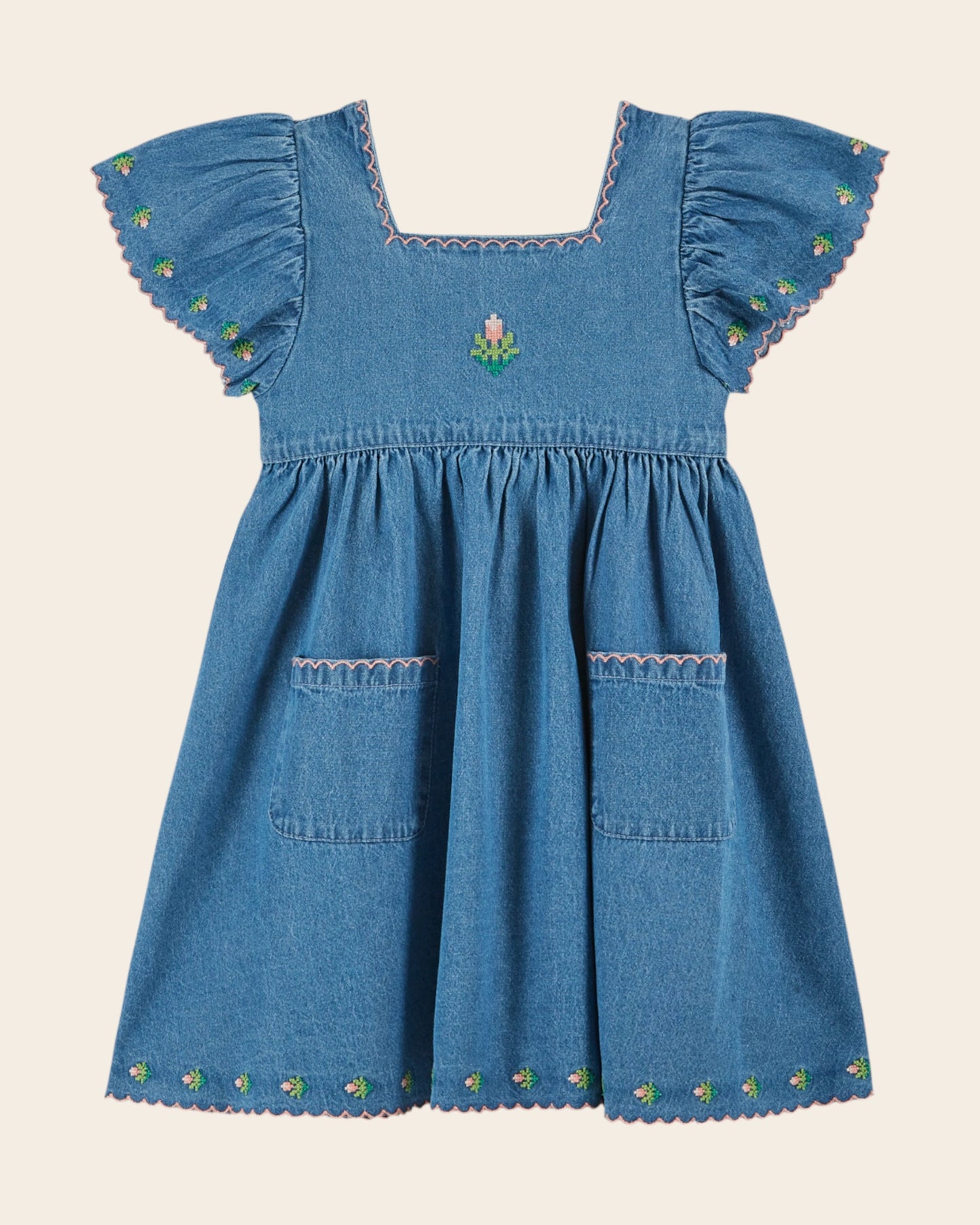 Robe - Brodé fleurs denim