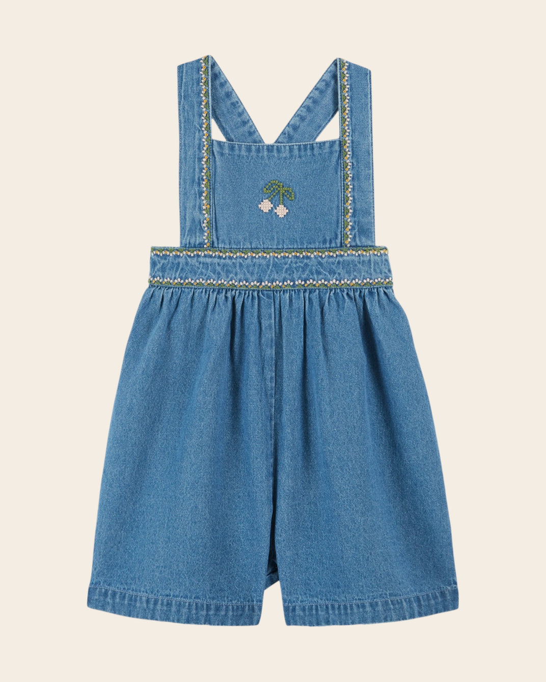 Salopette - Brodé cerises denim