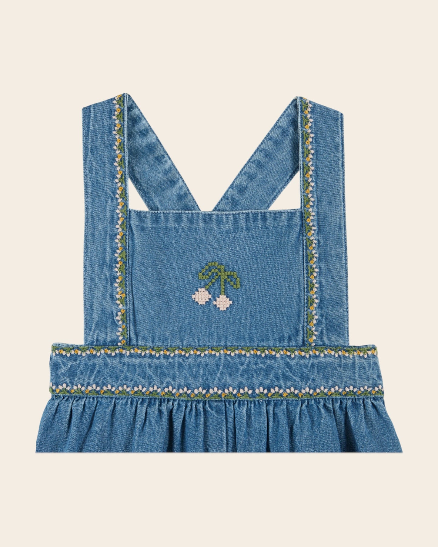 Salopette - Brodé cerises denim