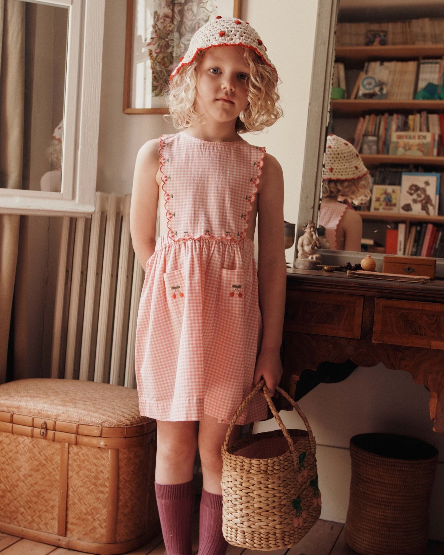 Robe tablier - Brodé vichy rose