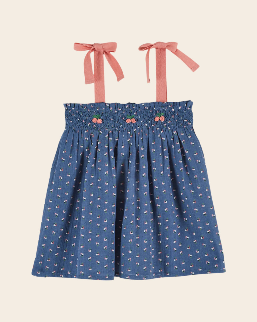 Top - Smocké brodé mini fleurs bleu