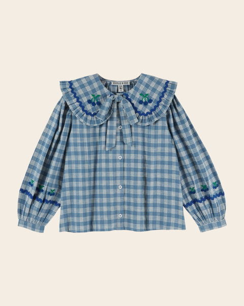 Blouse - Grand col carreaux bleus