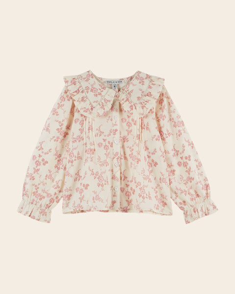 Blouse - Grand col fleuri écru et rose