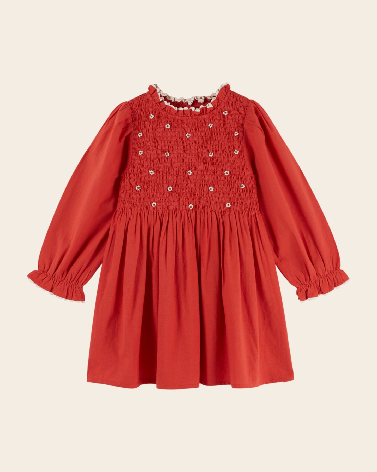 Robe - Smockée brodée rouge