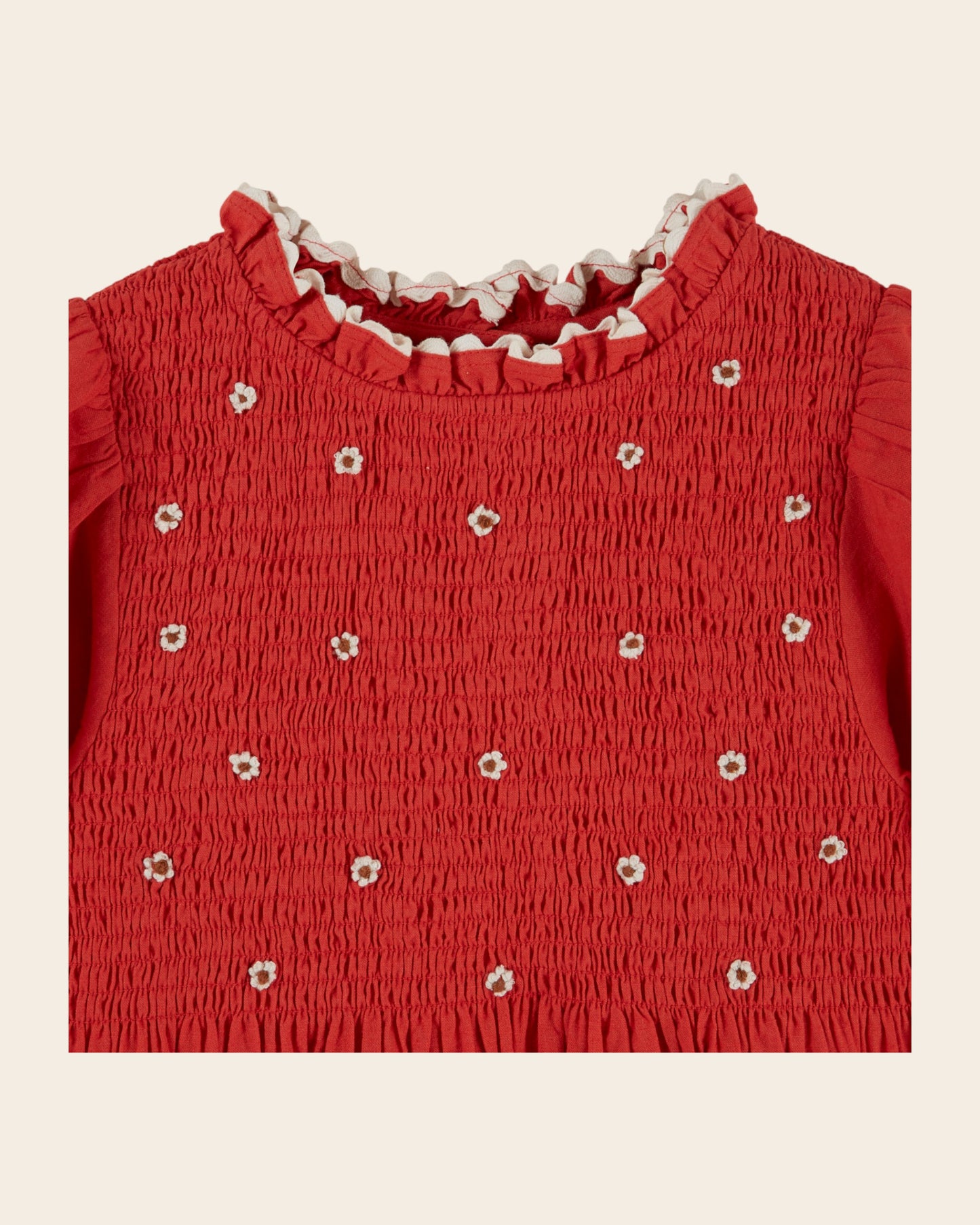 Robe - Smockée brodée rouge
