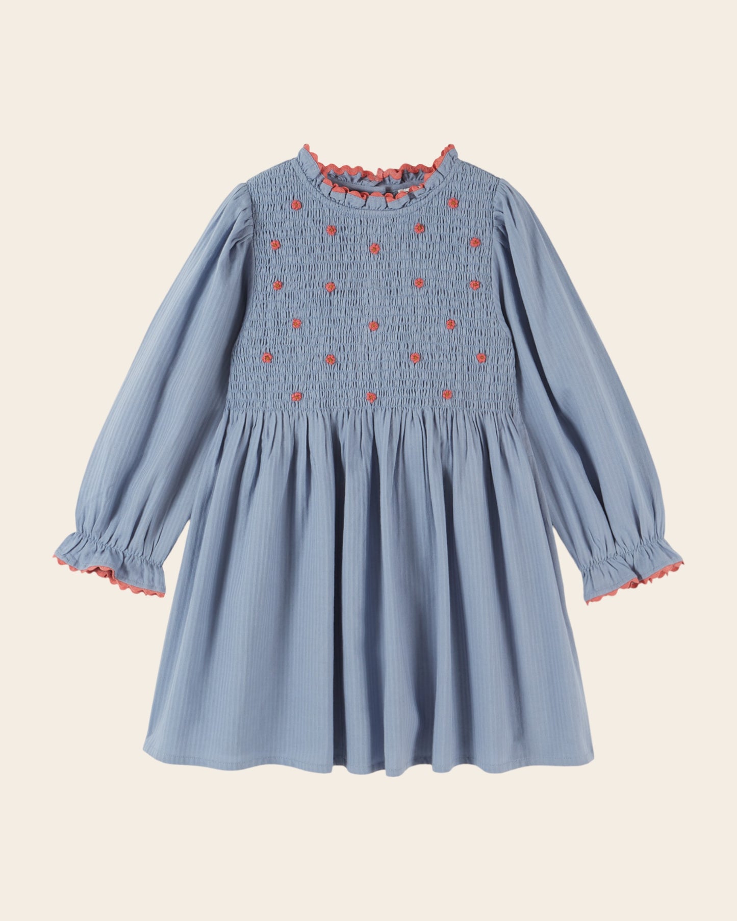 Robe - Smockée brodée bleu