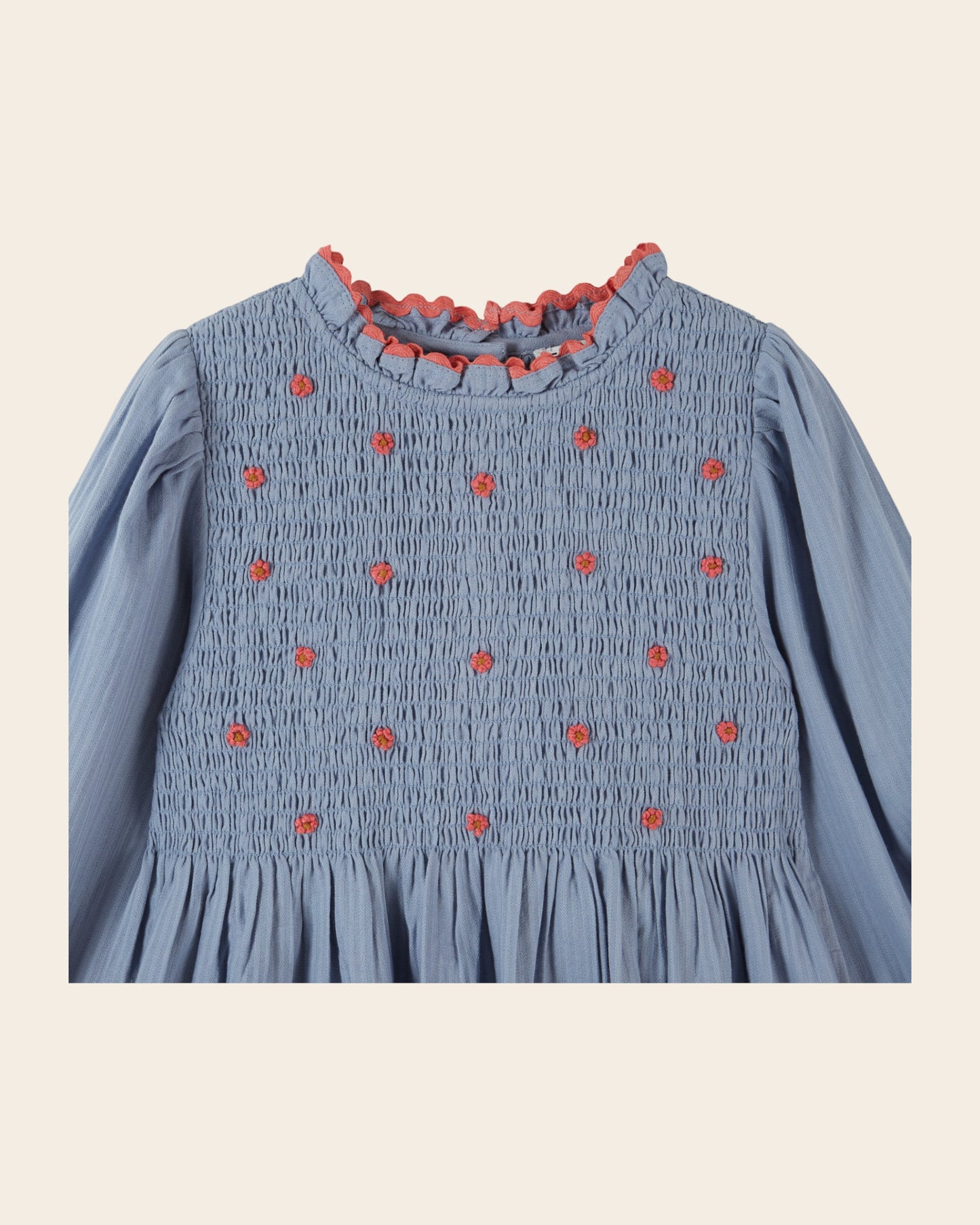 Robe - Smockée brodée bleu