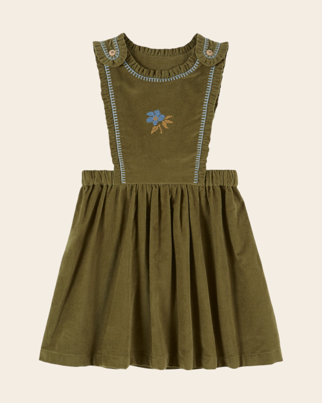 Robe tablier - Brodée velours vert