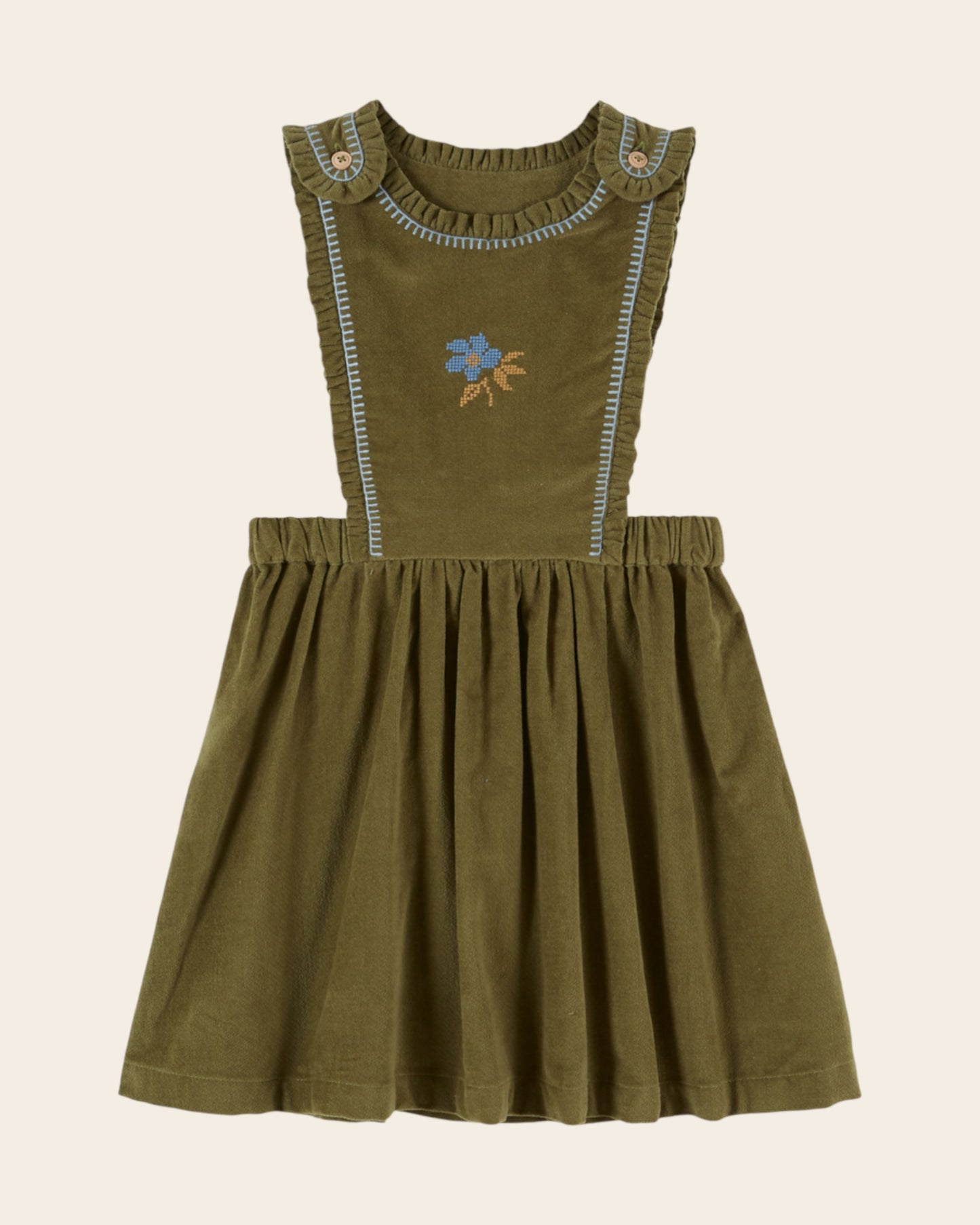Robe tablier - Brodée velours vert