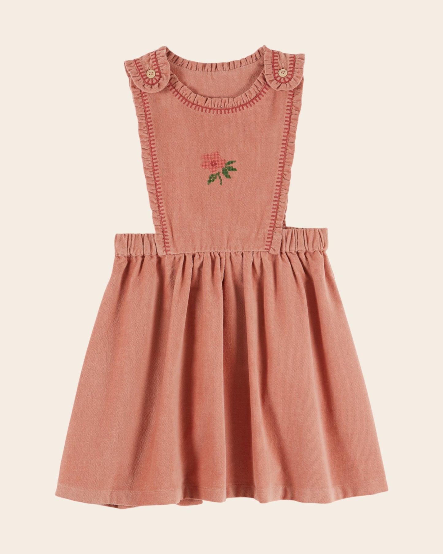 Robe tablier - Brodée velours rose