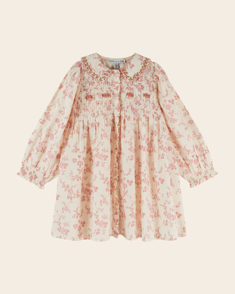 Robe - Smockée fleuri écru et rose