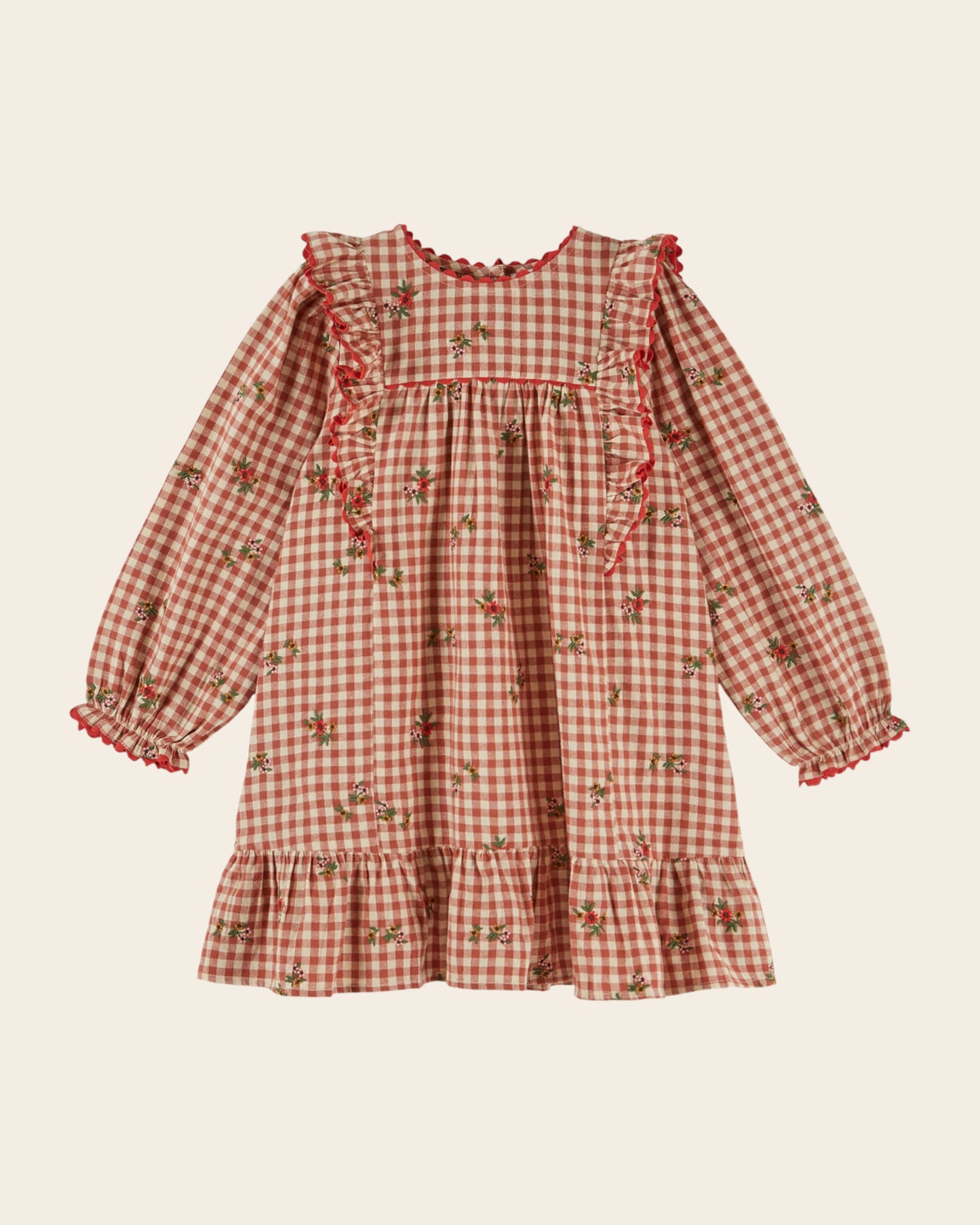 Robe - Volantée brodée vichy terracotta