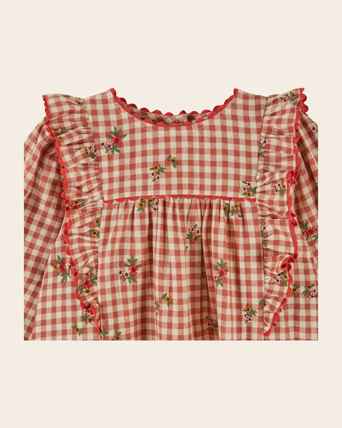 Robe - Volantée brodée vichy terracotta