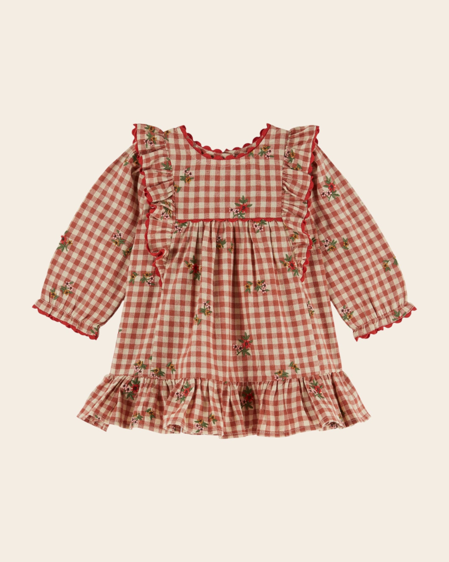 Robe - Volantée brodée vichy terracotta