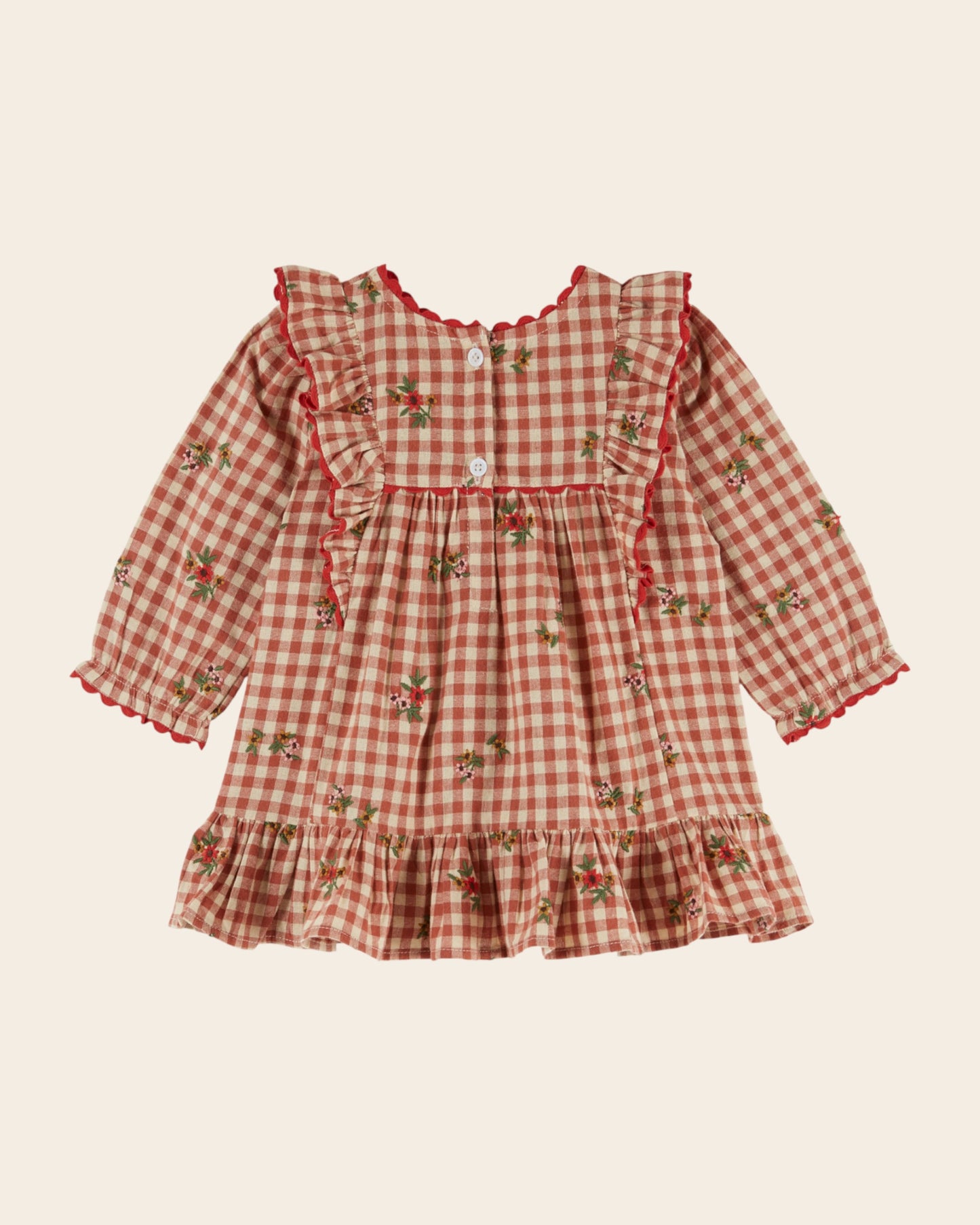 Robe - Volantée brodée vichy terracotta