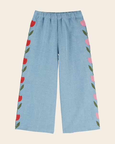 Pantalon - Tulipes brodées denim light