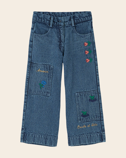 Pantalon - Brodé denim bleu