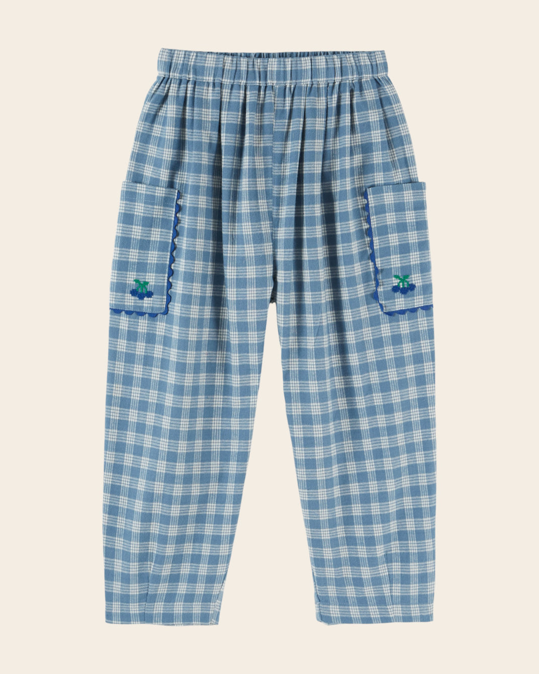 Pantalon - Poches brodées carreaux bleus