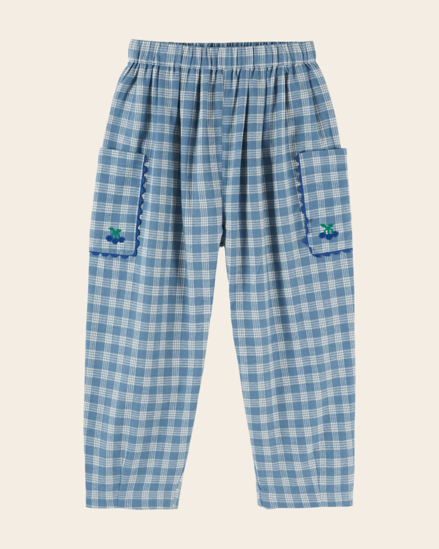 Pantalon - Poches brodées carreaux bleus
