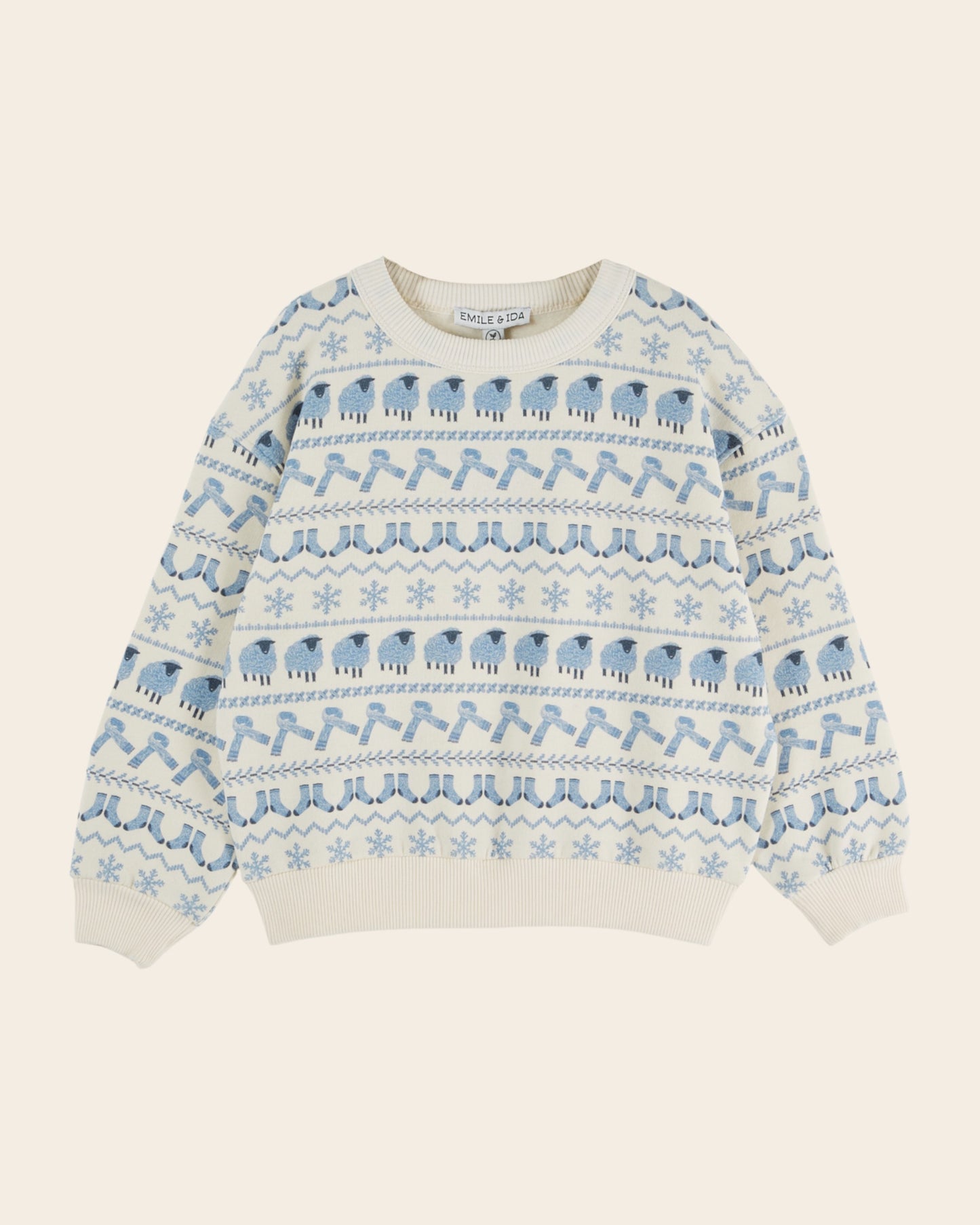 Sweat - Motifs hiver écru et bleu