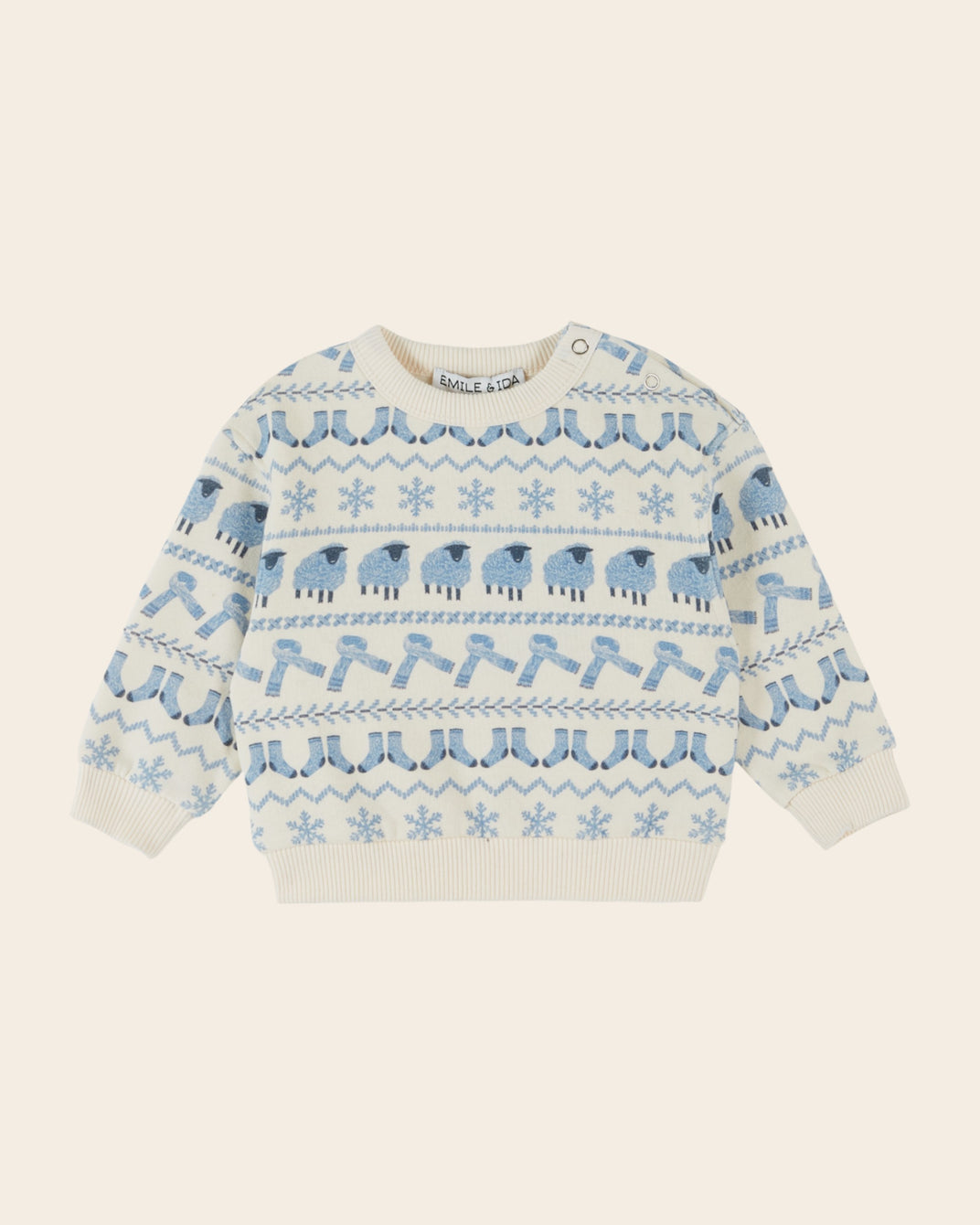 Sweat - Motifs hiver écru et bleu