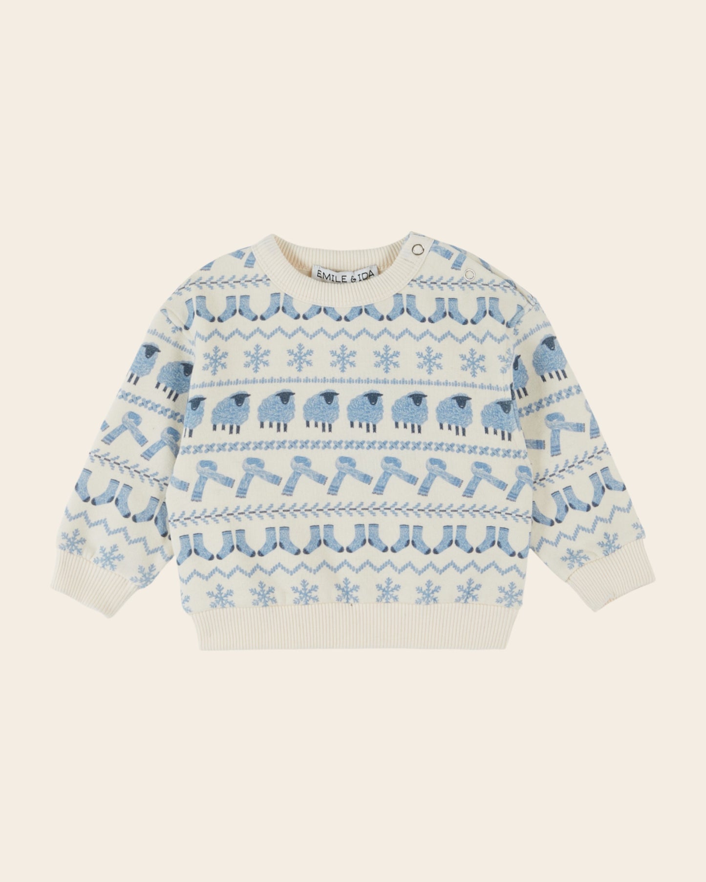 Sweat - Motifs hiver écru et bleu