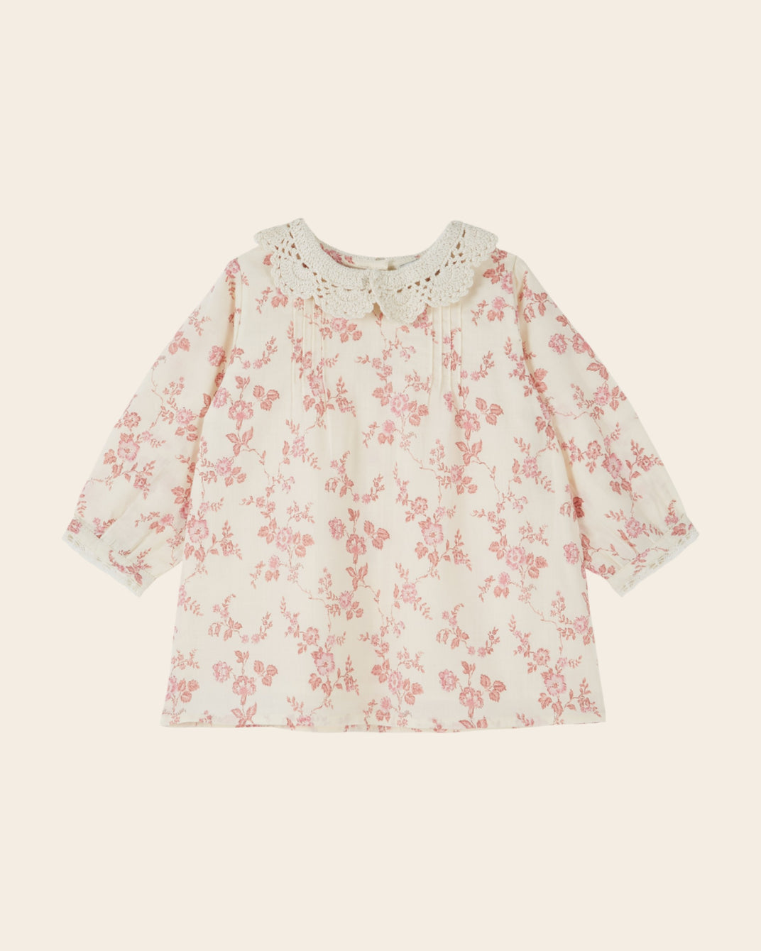 Robe bébé - Col crochet fleuri écru et rose