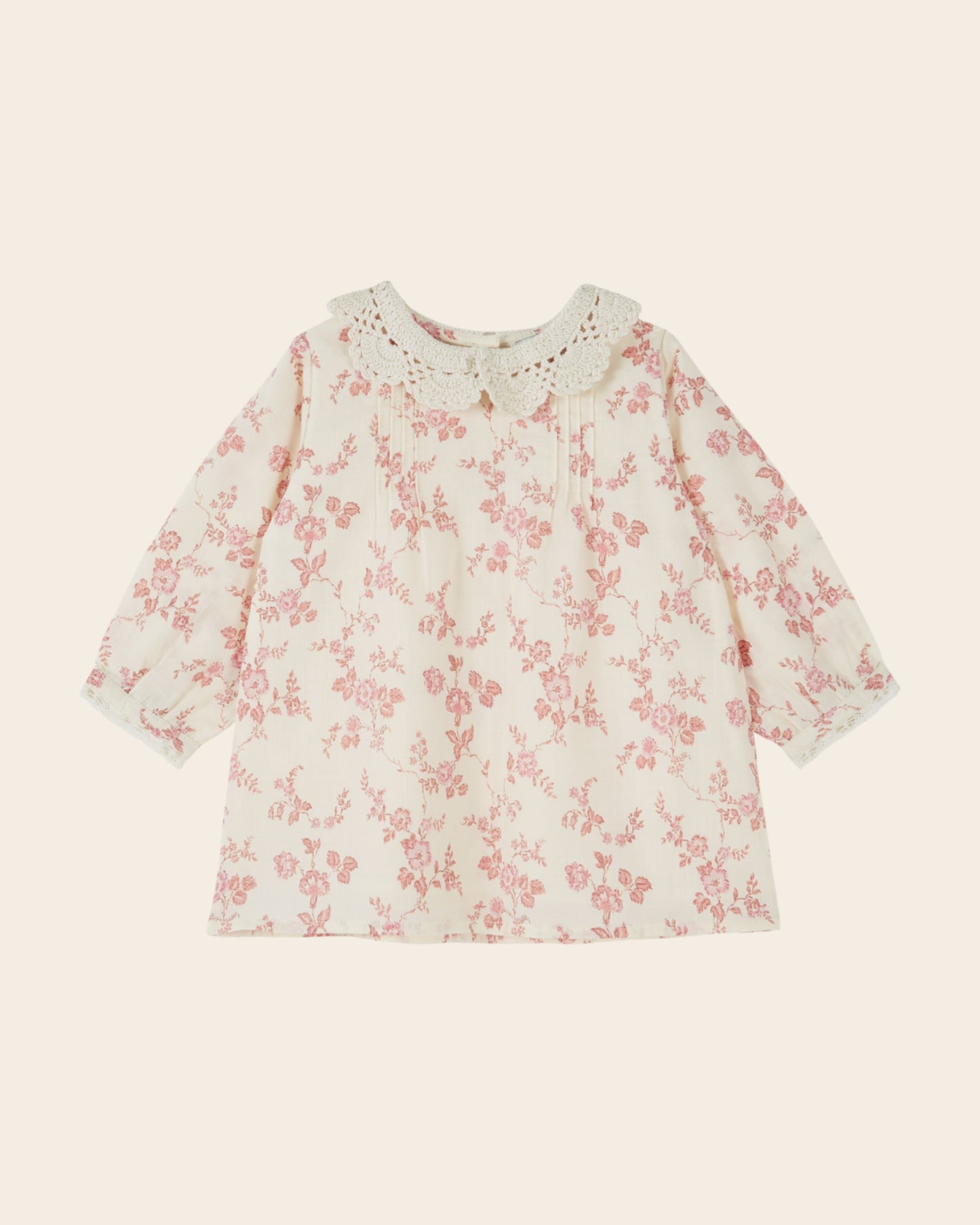 Robe bébé - Col crochet fleuri écru et rose