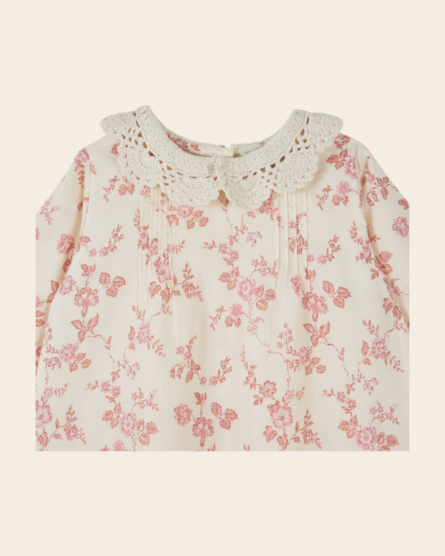 Robe bébé - Col crochet fleuri écru et rose
