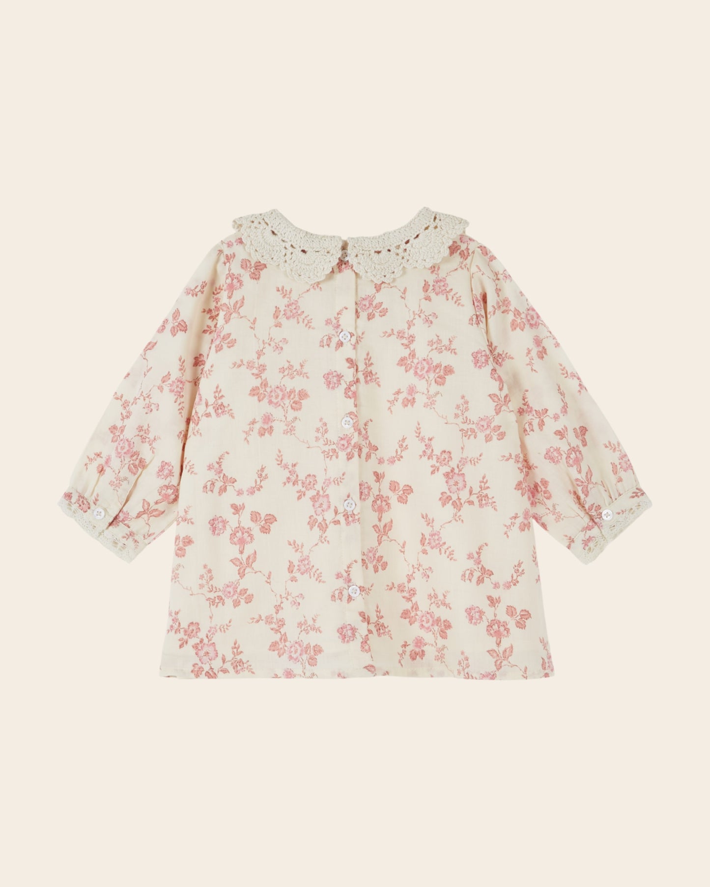Robe bébé - Col crochet fleuri écru et rose