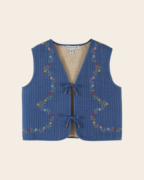Veste sans manches - Matelassée brodée bleu