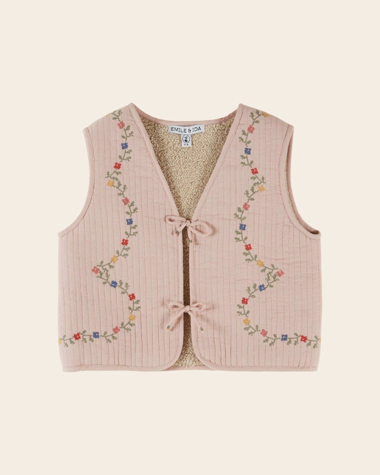 Veste sans manches - Matelassée brodée rose