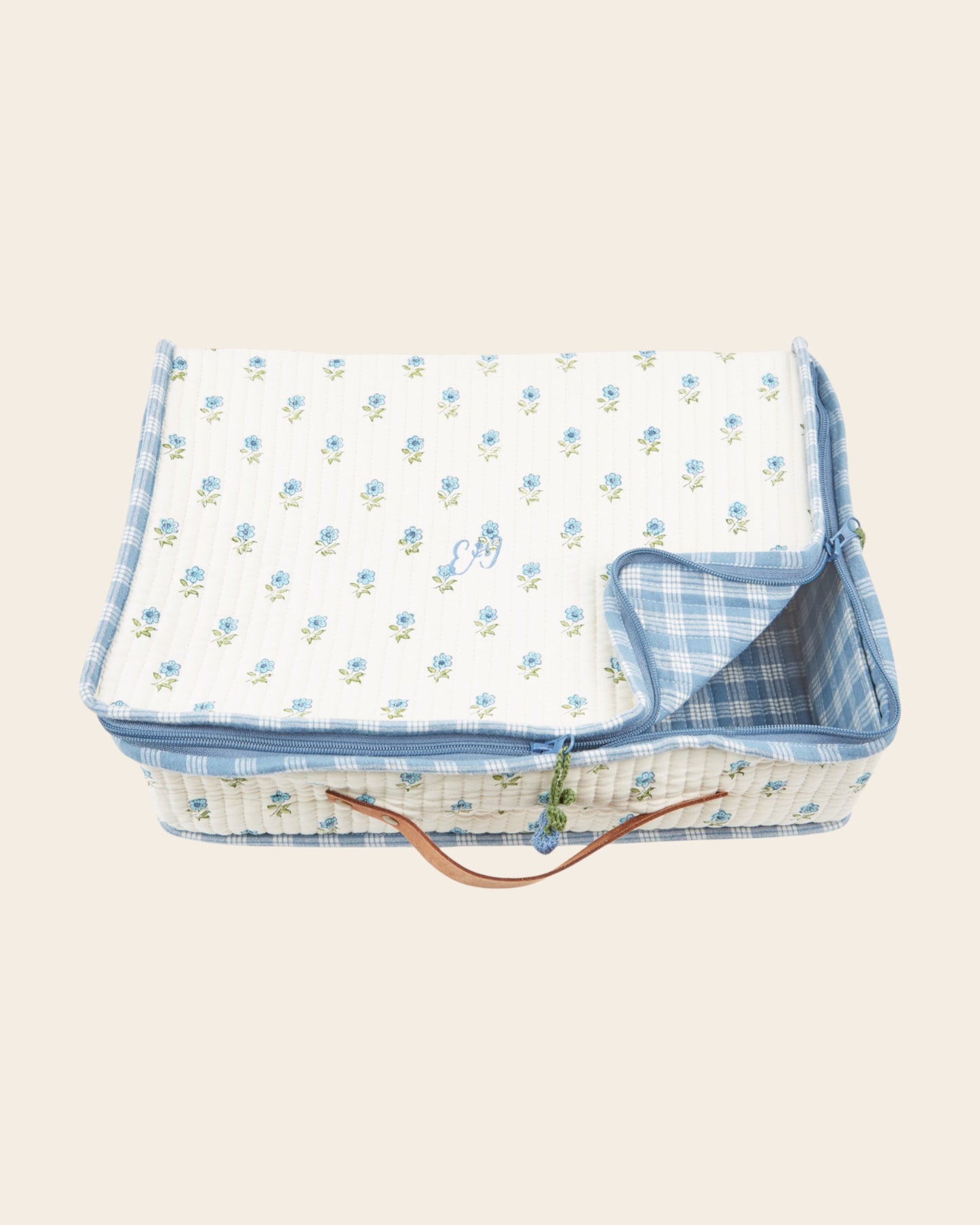 Grande valise - Fleuri écru et bleu