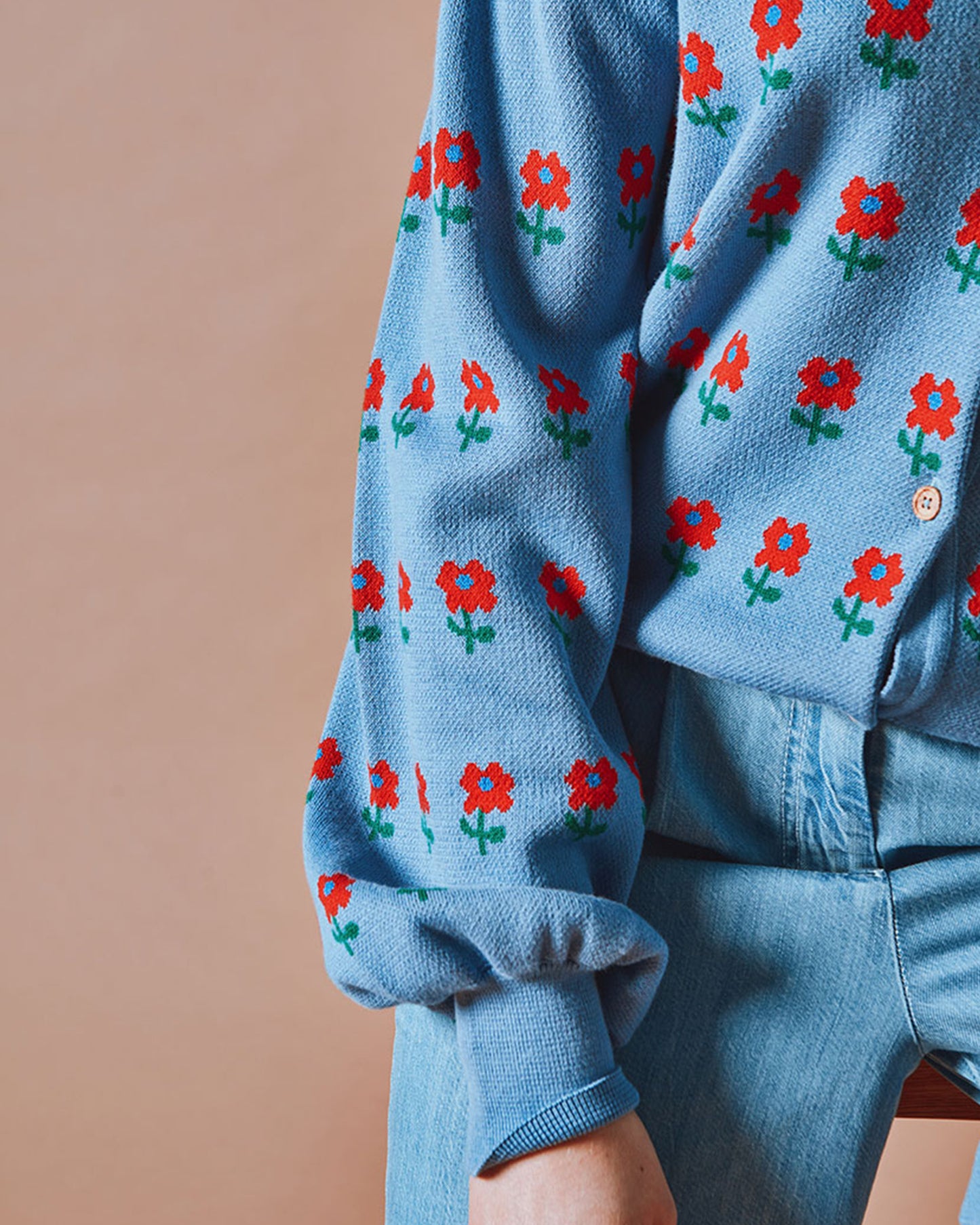 Cardigan - Jacquard à fleurs coton bio bleu