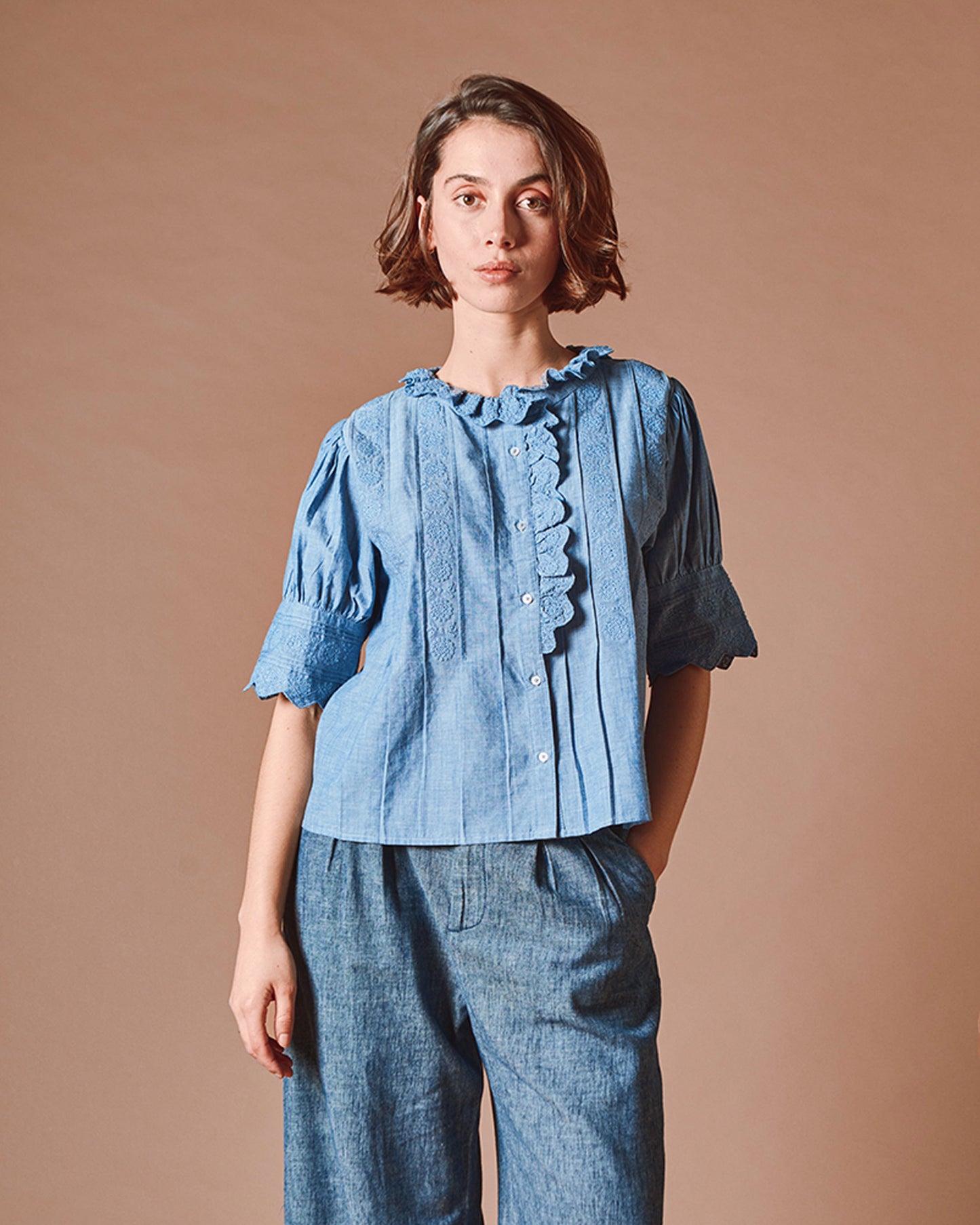 Blouse - Broderie anglaise chambray bleu