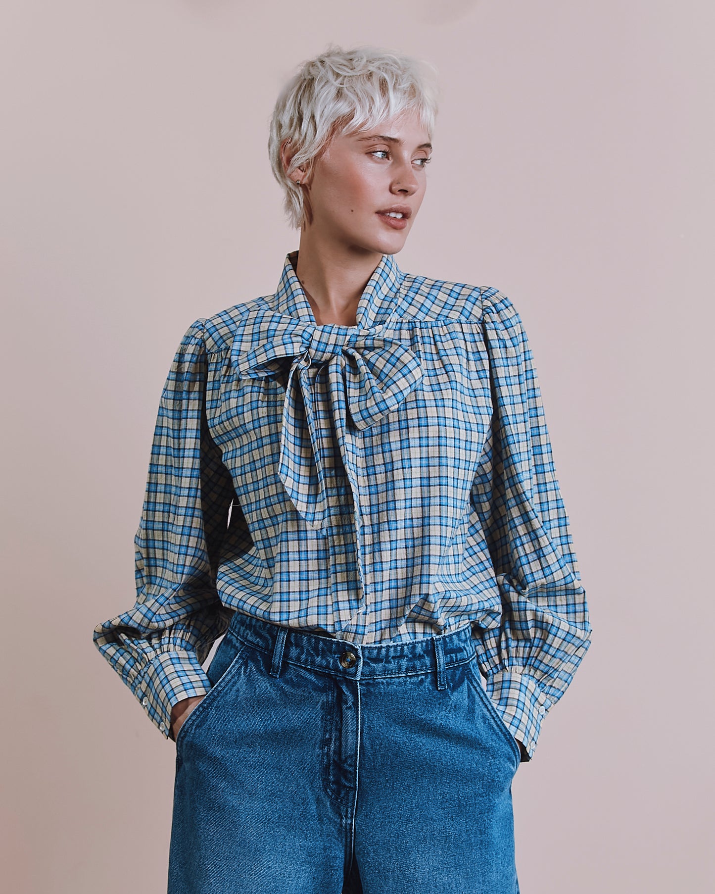 Blouse - Carreaux bleu et beige