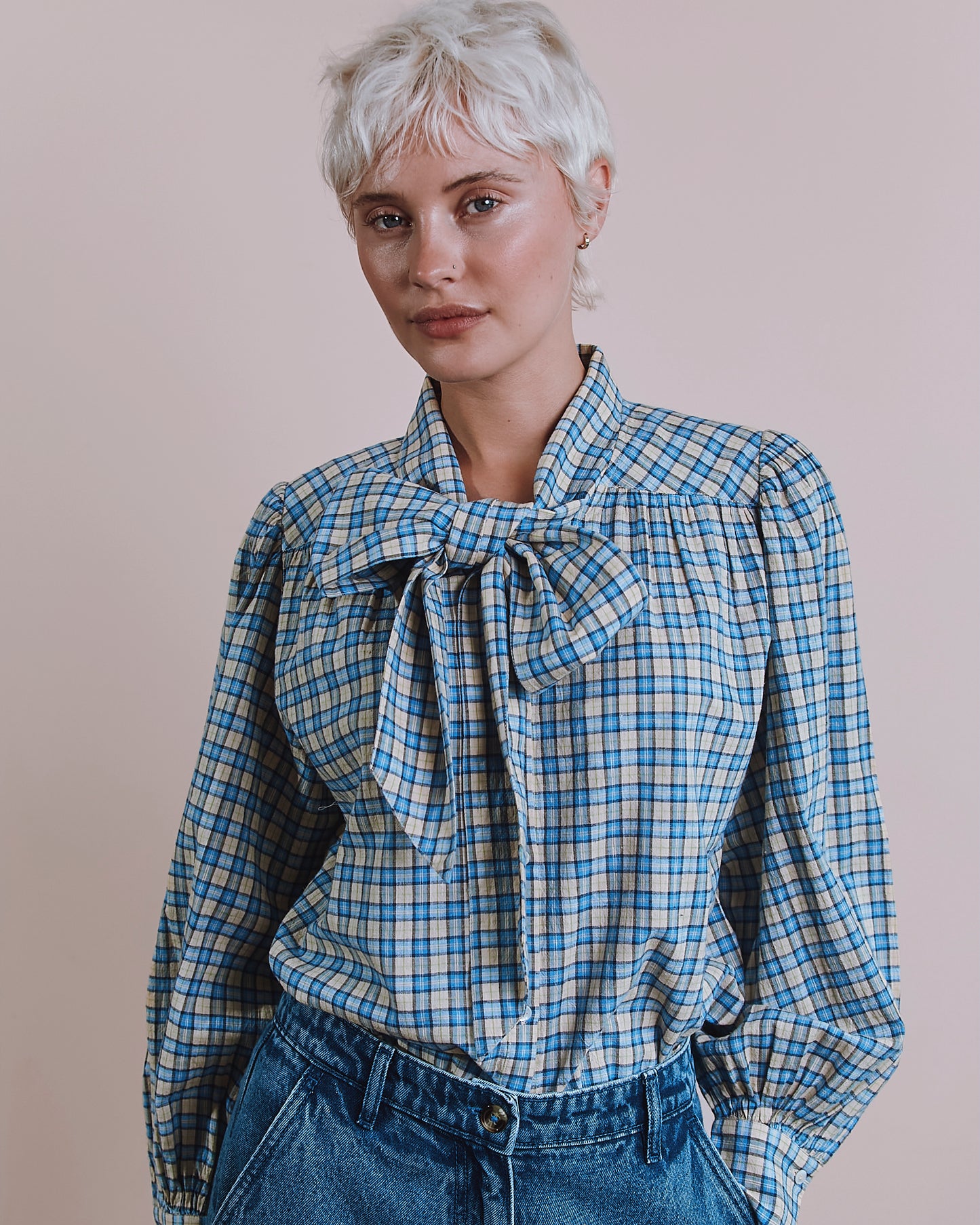 Blouse - Carreaux bleu et beige