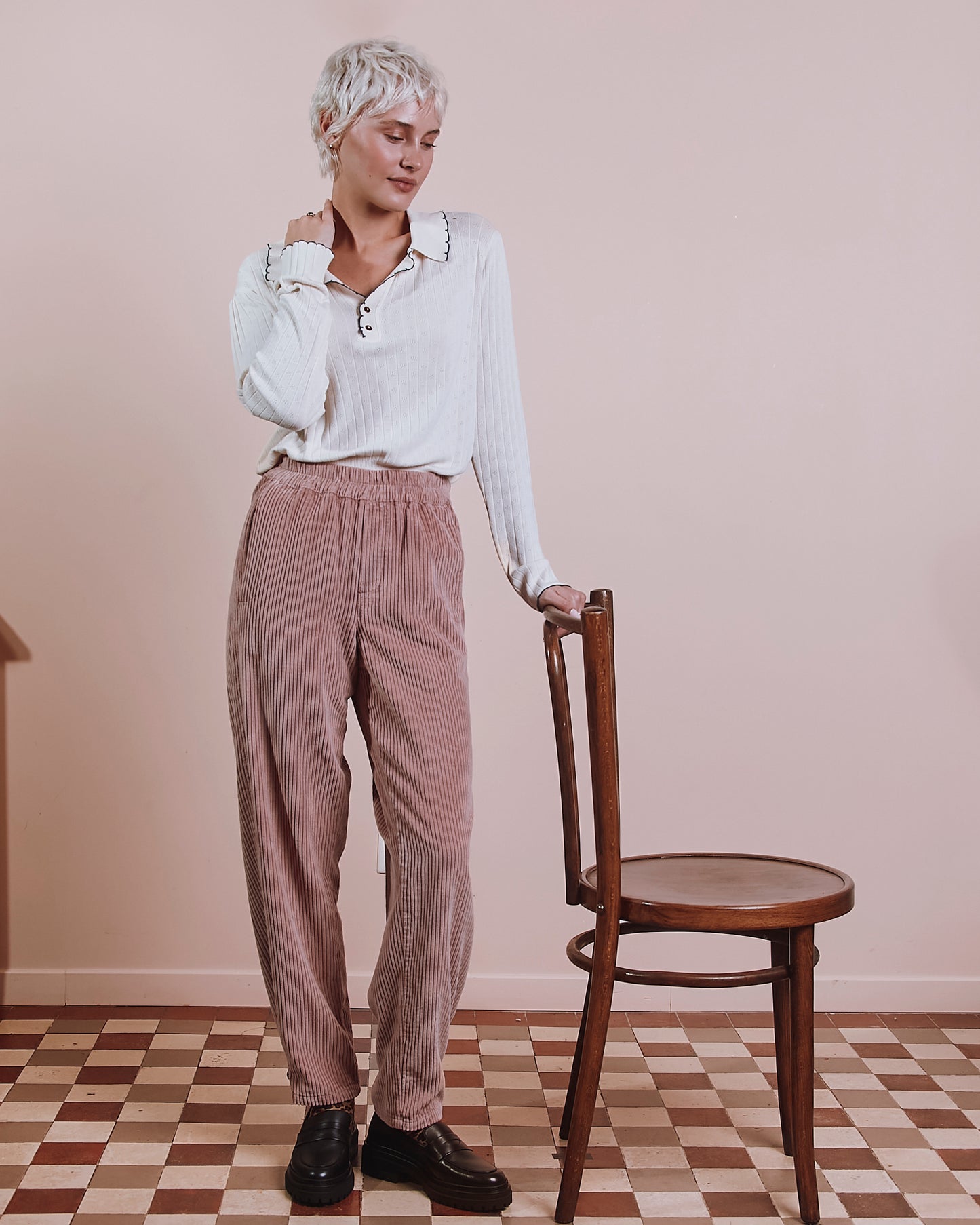 Pantalon jogger - Velours cotelé vieux rose