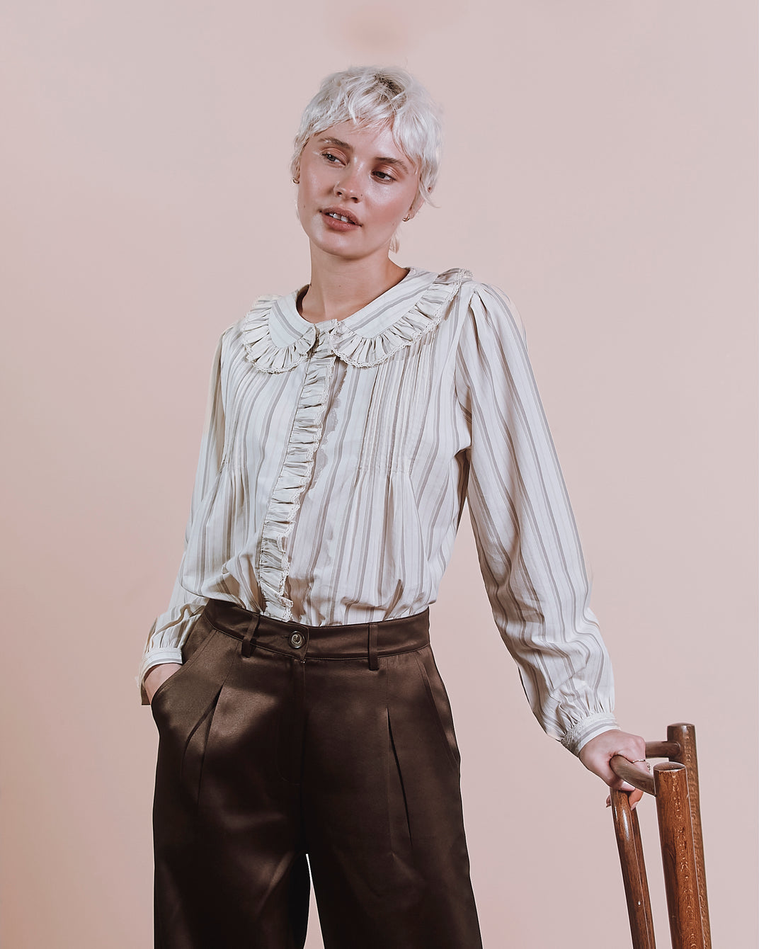 Blouse - Plissée rayures beige