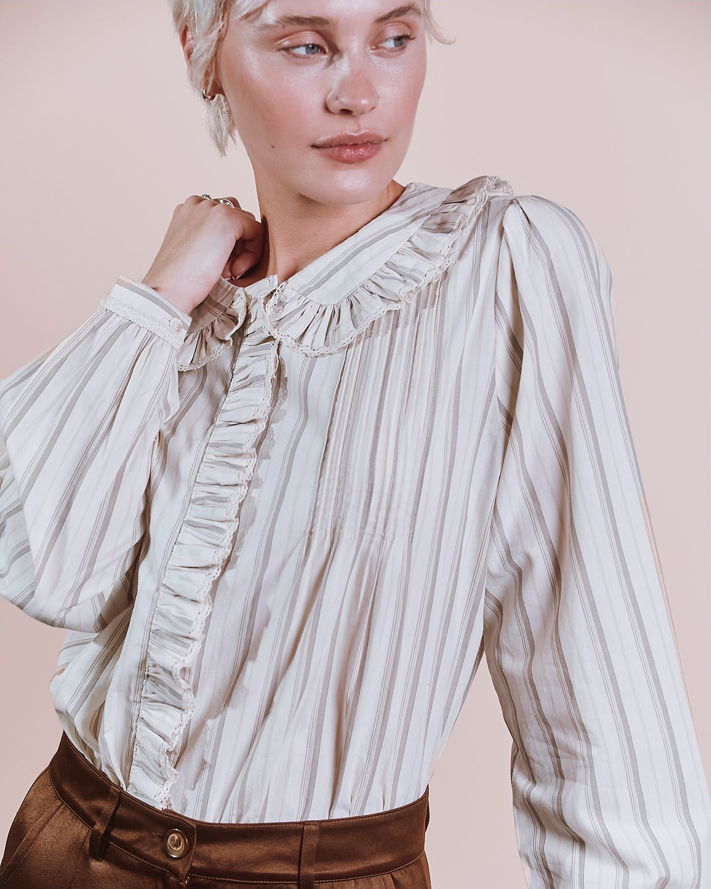Blouse - Plissée rayures beige