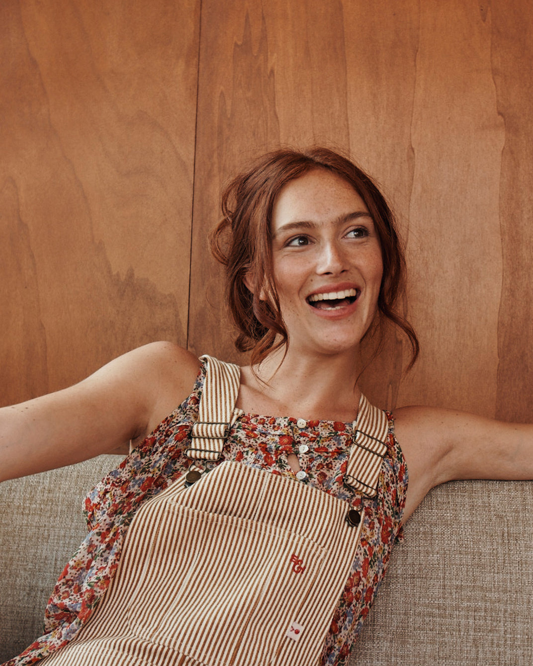 Salopette denim rayures écru et miel