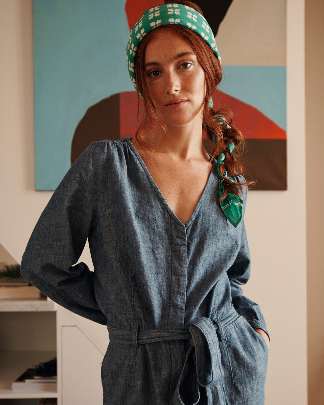 Indigo blue cotton and linen jumpsuit