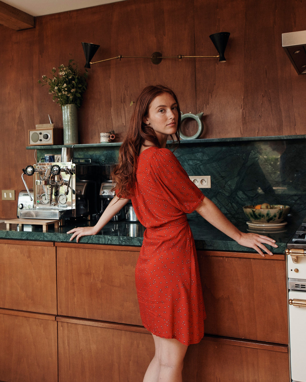 Robe chemisier - à fleurs rouge